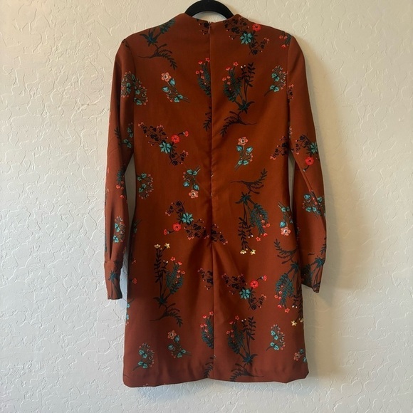 WAYF Brown Floral Long Sleeve Mock Neck Shift Dress Academia Preppy Size XS - Picture 10 of 13